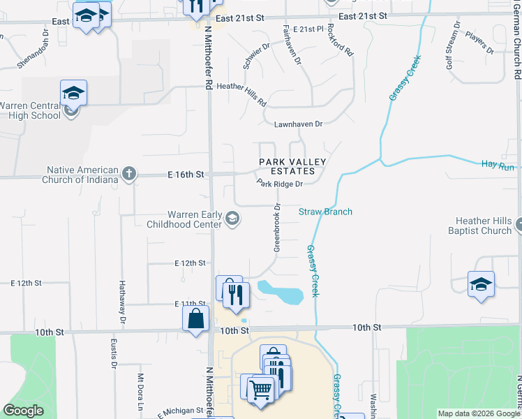 map of restaurants, bars, coffee shops, grocery stores, and more near 10153 Park Stream Drive in Indianapolis