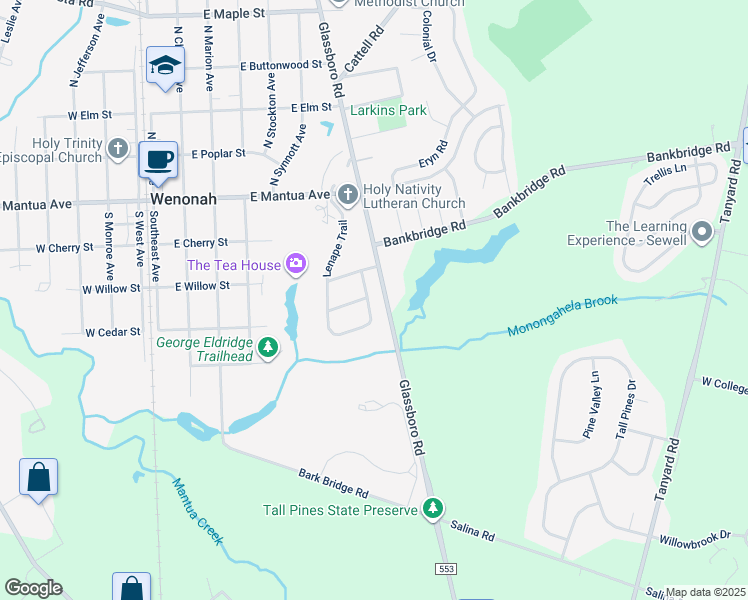 map of restaurants, bars, coffee shops, grocery stores, and more near 404 Lenape Trail in Wenonah