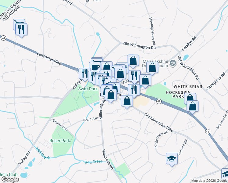 map of restaurants, bars, coffee shops, grocery stores, and more near 1225 Old Lancaster Pike in Hockessin