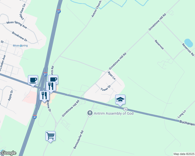 map of restaurants, bars, coffee shops, grocery stores, and more near 10837 Grindstone Hill Road in Greencastle