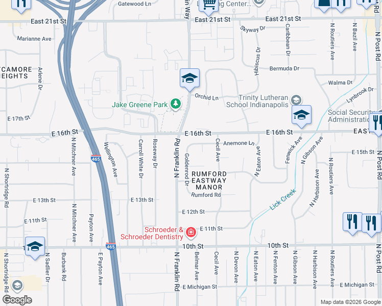 map of restaurants, bars, coffee shops, grocery stores, and more near 1421 Goldenrod Drive in Indianapolis