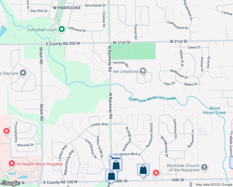 map of restaurants, bars, coffee shops, grocery stores, and more near 1725 North Raceway Road in Indianapolis