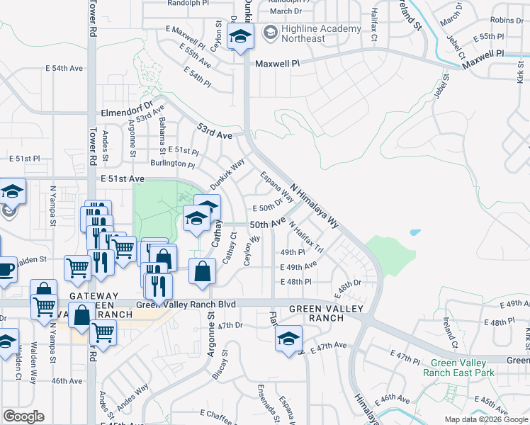 map of restaurants, bars, coffee shops, grocery stores, and more near 19358 East 50th Drive in Denver
