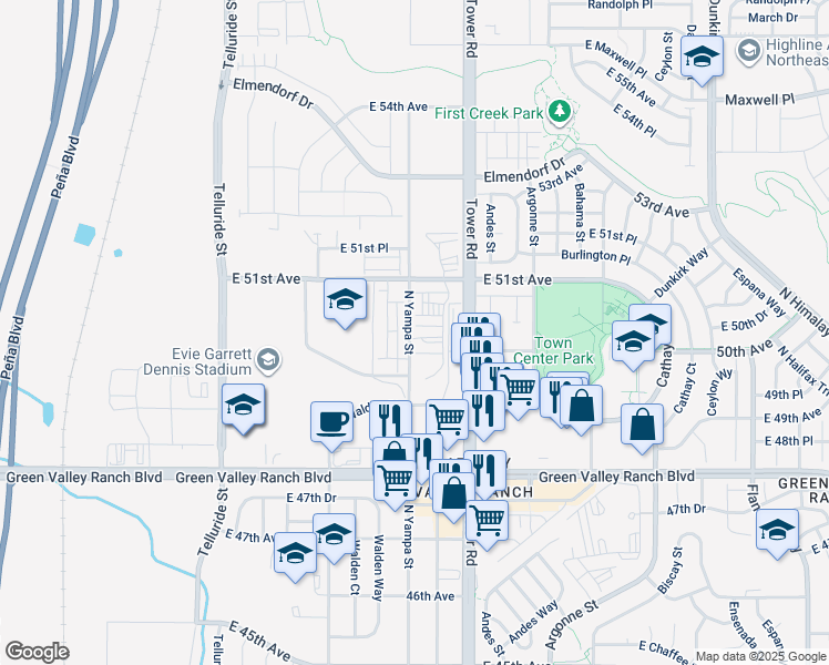 map of restaurants, bars, coffee shops, grocery stores, and more near 5020 North Yampa Street in Denver