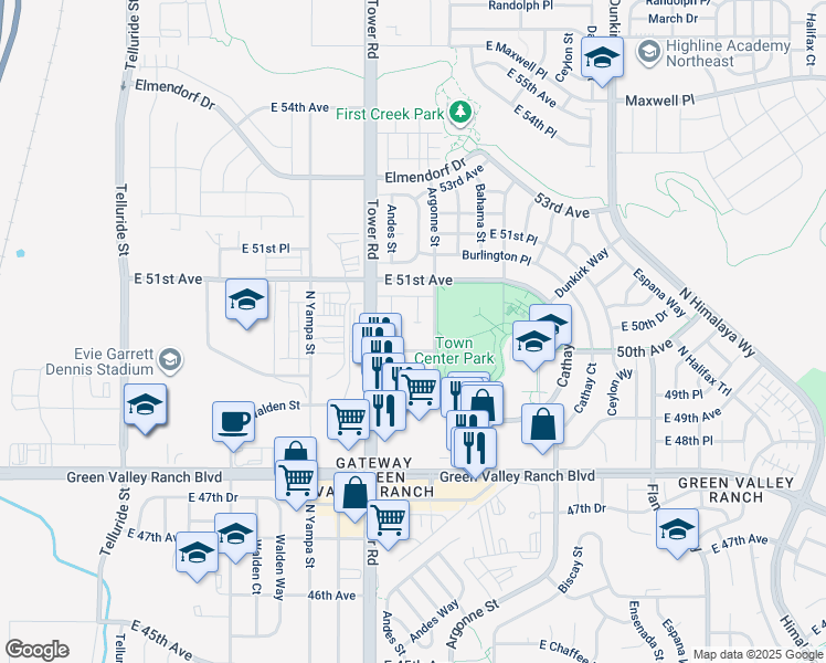 map of restaurants, bars, coffee shops, grocery stores, and more near 5000 Tower Road in Denver