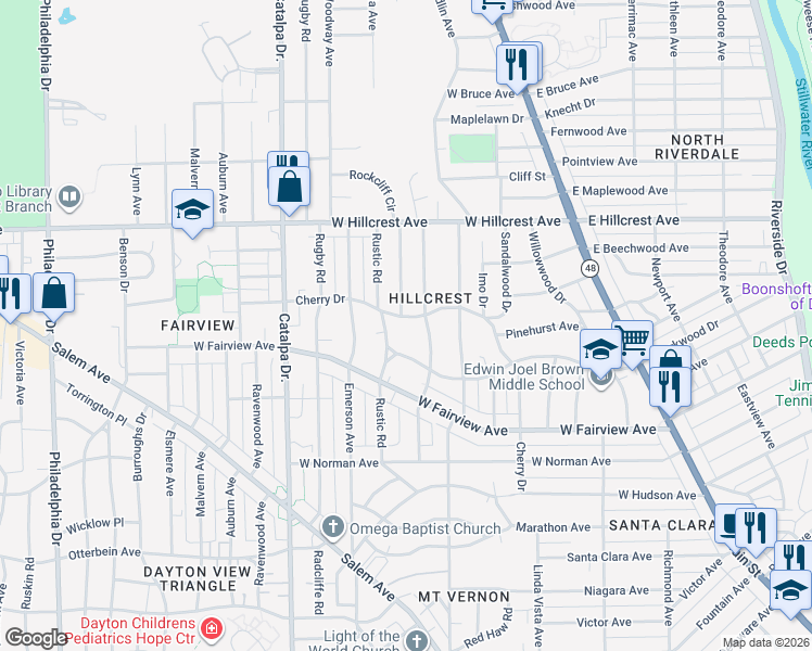 map of restaurants, bars, coffee shops, grocery stores, and more near 620 Cherry Drive in Dayton