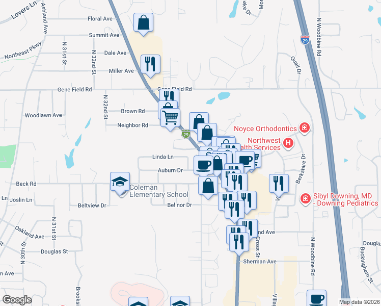 map of restaurants, bars, coffee shops, grocery stores, and more near 2304 North 35th Terrace in Saint Joseph