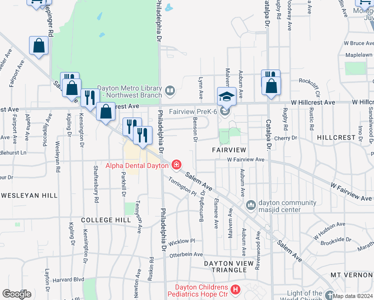 map of restaurants, bars, coffee shops, grocery stores, and more near 2222 Philadelphia Drive in Dayton