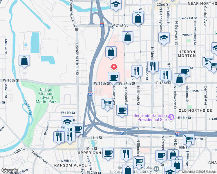 map of restaurants, bars, coffee shops, grocery stores, and more near 320 West 15th Street in Indianapolis