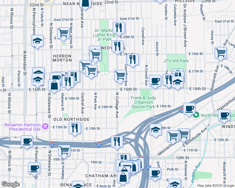 map of restaurants, bars, coffee shops, grocery stores, and more near 1532 North College Avenue in Indianapolis