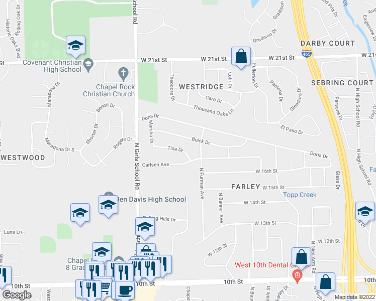 map of restaurants, bars, coffee shops, grocery stores, and more near 7036 Tina Drive in Indianapolis