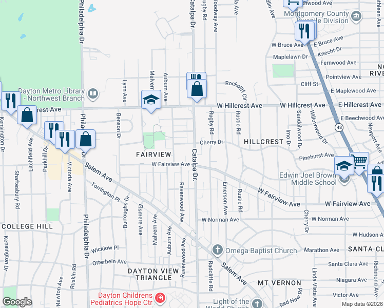 map of restaurants, bars, coffee shops, grocery stores, and more near 923 West Fairview Avenue in Dayton