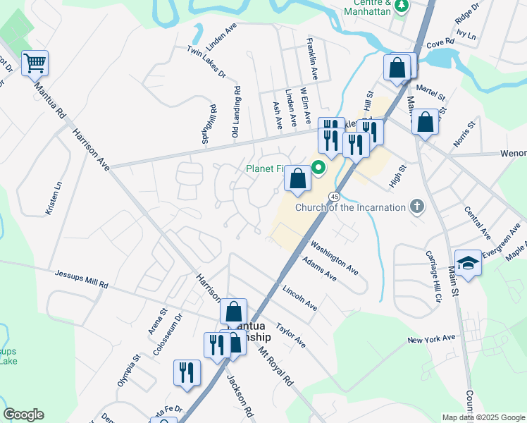 map of restaurants, bars, coffee shops, grocery stores, and more near in Mantua Township