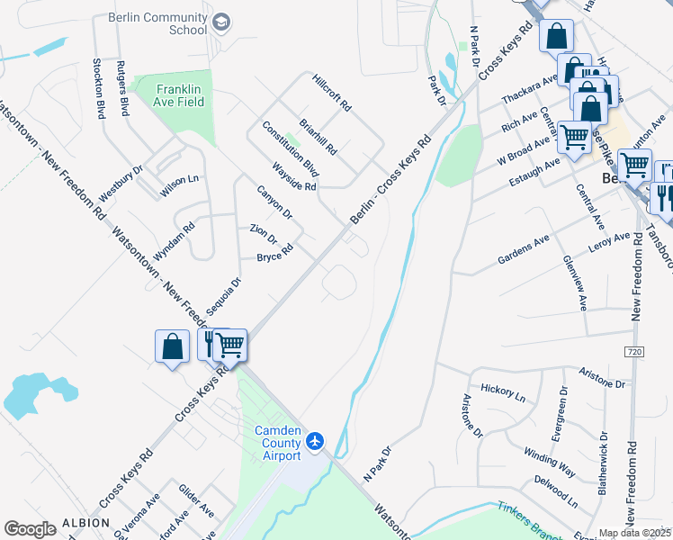 map of restaurants, bars, coffee shops, grocery stores, and more near 30 Glacier Drive in Berlin