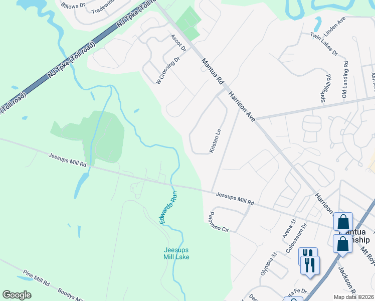 map of restaurants, bars, coffee shops, grocery stores, and more near 21 Kristen Lane in Mantua Township