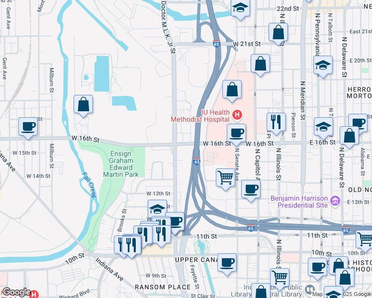 map of restaurants, bars, coffee shops, grocery stores, and more near 1575 Doctor Martin Luther King Junior Street in Indianapolis