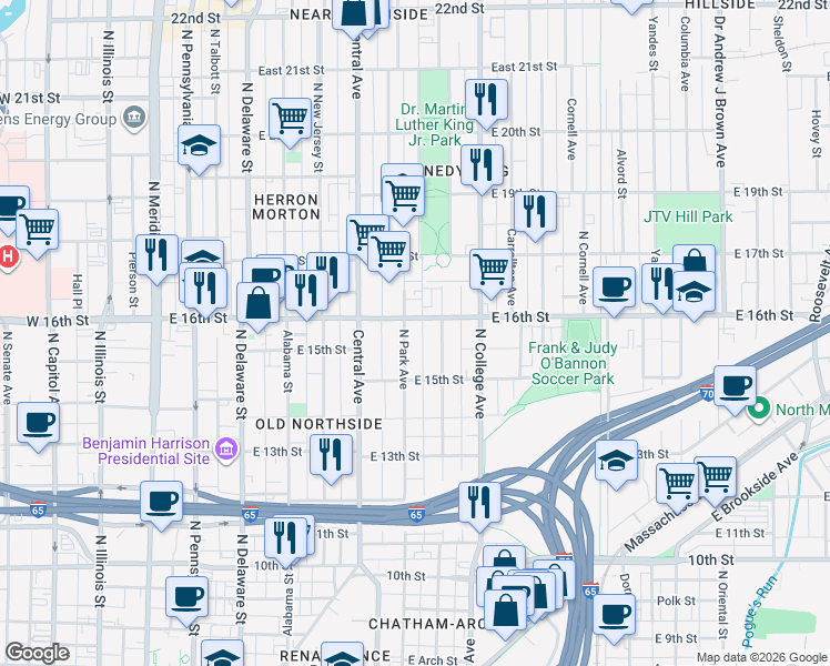 map of restaurants, bars, coffee shops, grocery stores, and more near 1528 North Park Avenue in Indianapolis