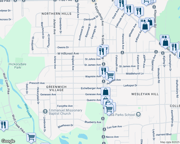 map of restaurants, bars, coffee shops, grocery stores, and more near 4428 Greenwich Village Avenue in Dayton