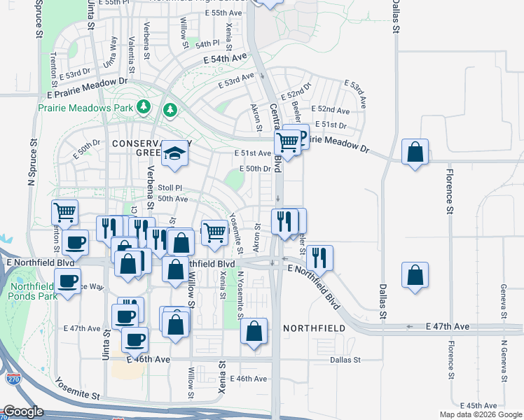 map of restaurants, bars, coffee shops, grocery stores, and more near 4977 Central Park Boulevard in Denver