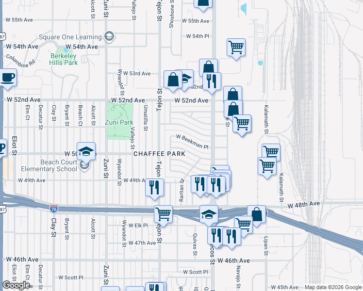 map of restaurants, bars, coffee shops, grocery stores, and more near 1840 West Stoll Place in Denver