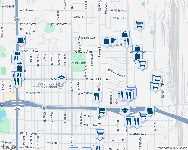 map of restaurants, bars, coffee shops, grocery stores, and more near 5000 Umatilla Street in Denver