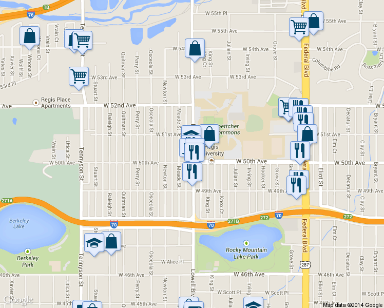 map of restaurants, bars, coffee shops, grocery stores, and more near 5025 Lowell Boulevard in Denver