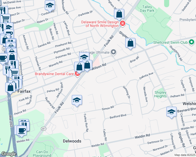 map of restaurants, bars, coffee shops, grocery stores, and more near 17 Bradley Drive in Wilmington