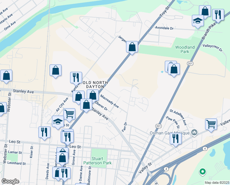 map of restaurants, bars, coffee shops, grocery stores, and more near 165 Kelly Avenue in Dayton