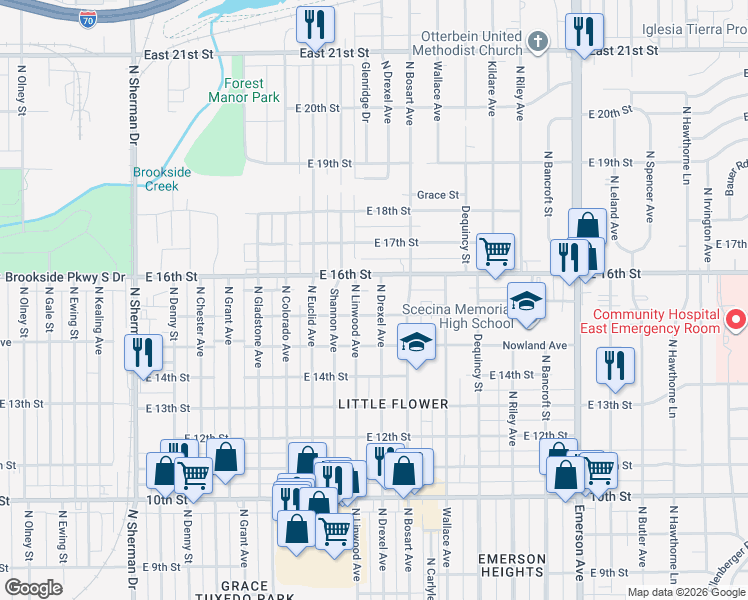 map of restaurants, bars, coffee shops, grocery stores, and more near 1475 North Linwood Avenue in Indianapolis