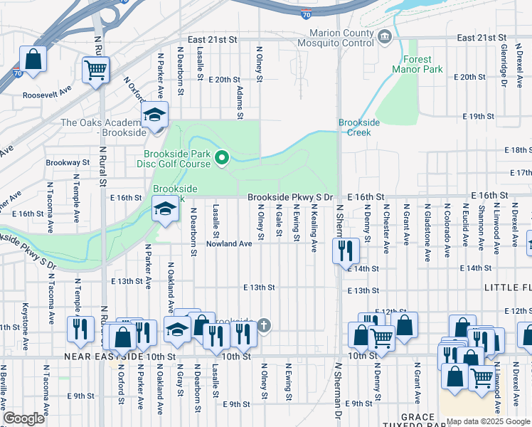 map of restaurants, bars, coffee shops, grocery stores, and more near 1506 North Gale Street in Indianapolis