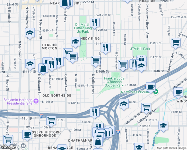 map of restaurants, bars, coffee shops, grocery stores, and more near 1532 North College Avenue in Indianapolis