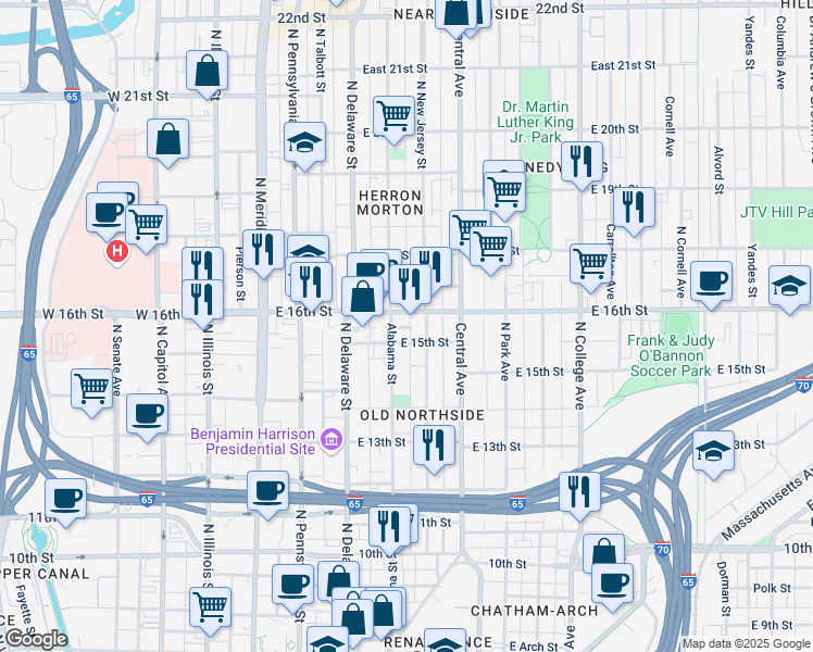 map of restaurants, bars, coffee shops, grocery stores, and more near 1502 North New Jersey Street in Indianapolis