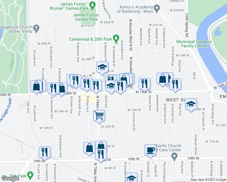 map of restaurants, bars, coffee shops, grocery stores, and more near 4307 Rockville Road in Indianapolis