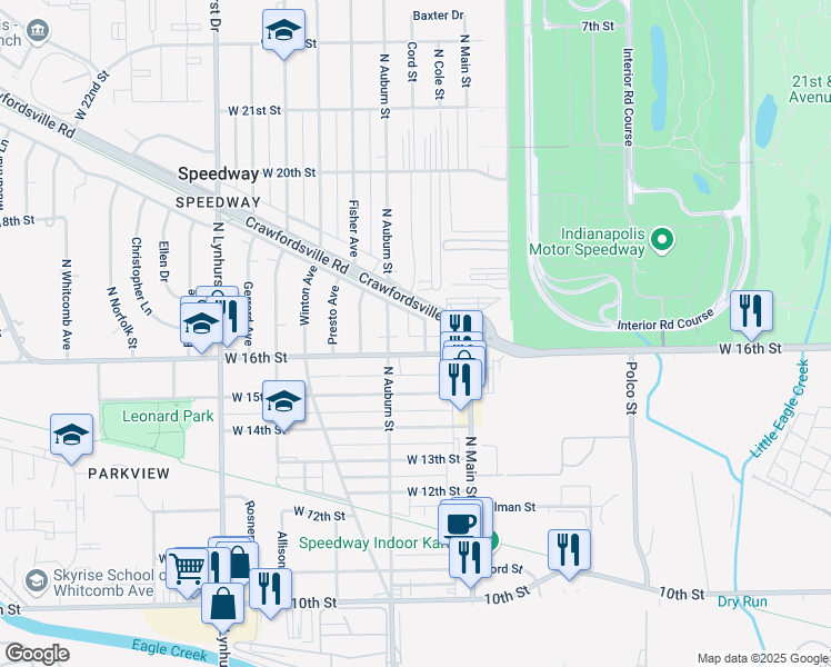 map of restaurants, bars, coffee shops, grocery stores, and more near 4936 West 16th Street in Indianapolis