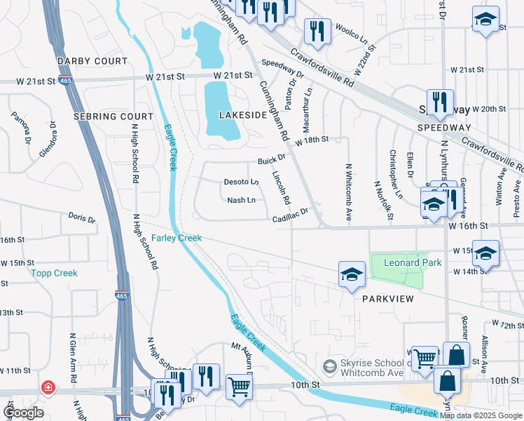map of restaurants, bars, coffee shops, grocery stores, and more near 5861 Cadillac Drive in Speedway