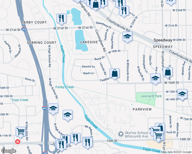map of restaurants, bars, coffee shops, grocery stores, and more near 5861 Cadillac Drive in Speedway
