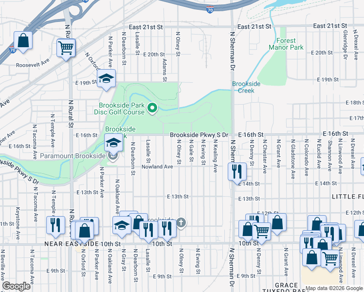 map of restaurants, bars, coffee shops, grocery stores, and more near 1434 North Olney Street in Indianapolis