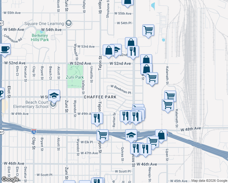 map of restaurants, bars, coffee shops, grocery stores, and more near 1840 West Stoll Place in Denver