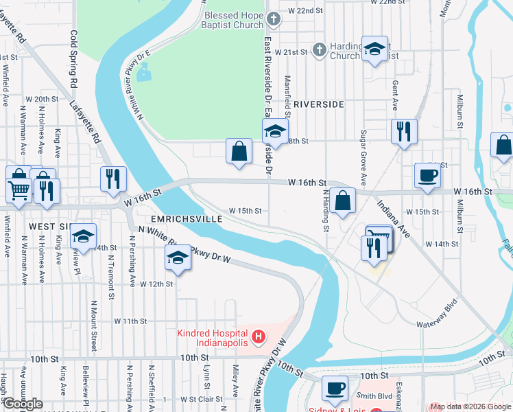 map of restaurants, bars, coffee shops, grocery stores, and more near 1718 West 15th Street in Indianapolis