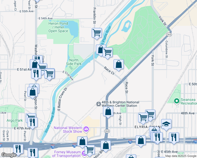 map of restaurants, bars, coffee shops, grocery stores, and more near 4900 National Western Drive in Denver