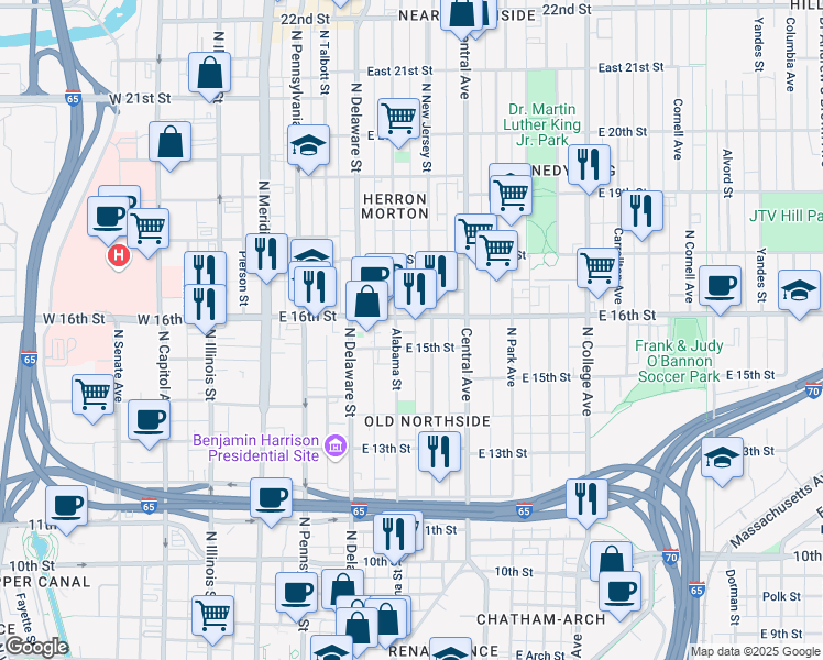 map of restaurants, bars, coffee shops, grocery stores, and more near 1502 North New Jersey Street in Indianapolis