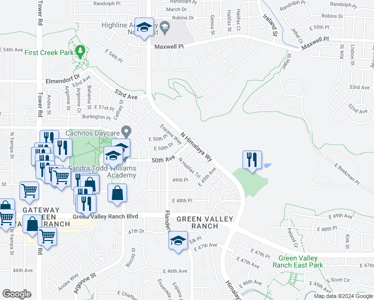 map of restaurants, bars, coffee shops, grocery stores, and more near 19746 East 50th Avenue in Denver