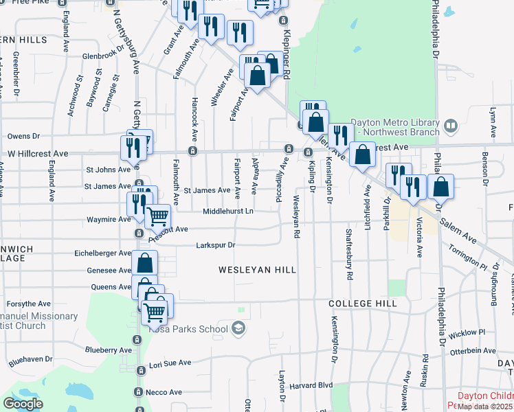 map of restaurants, bars, coffee shops, grocery stores, and more near 3926 Middlehurst Lane in Dayton