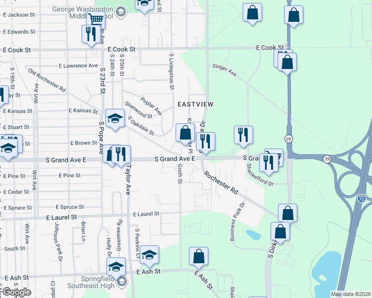 map of restaurants, bars, coffee shops, grocery stores, and more near 1241 Knoll Pointe Place in Springfield