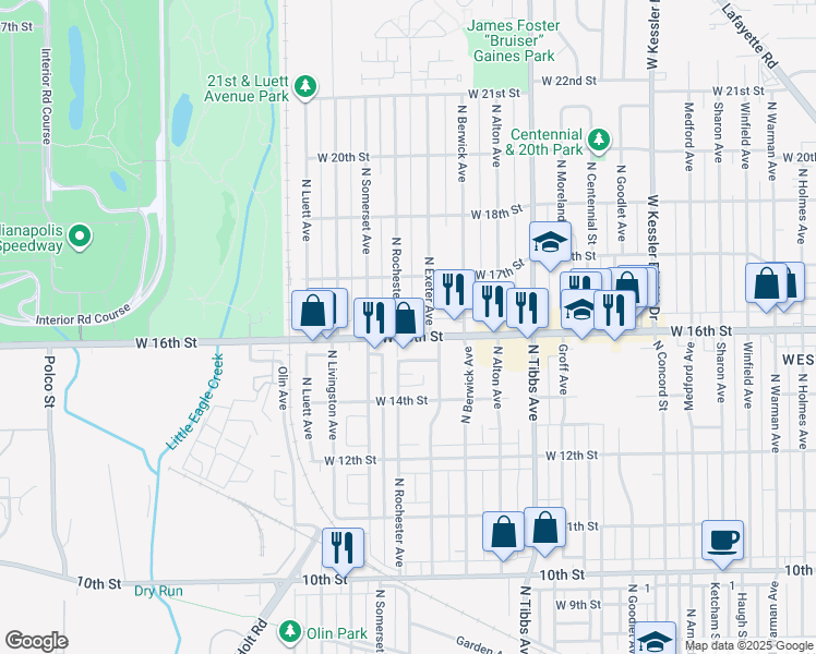 map of restaurants, bars, coffee shops, grocery stores, and more near 3521 West 16th Street in Indianapolis
