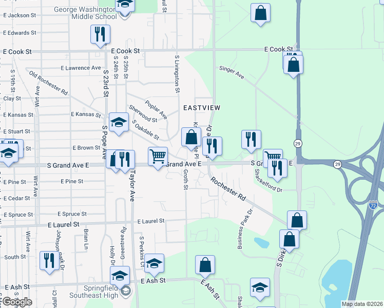map of restaurants, bars, coffee shops, grocery stores, and more near 1241 Knoll Pointe Place in Springfield