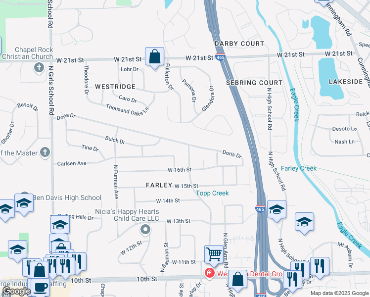 map of restaurants, bars, coffee shops, grocery stores, and more near 1648 Farley Drive in Indianapolis