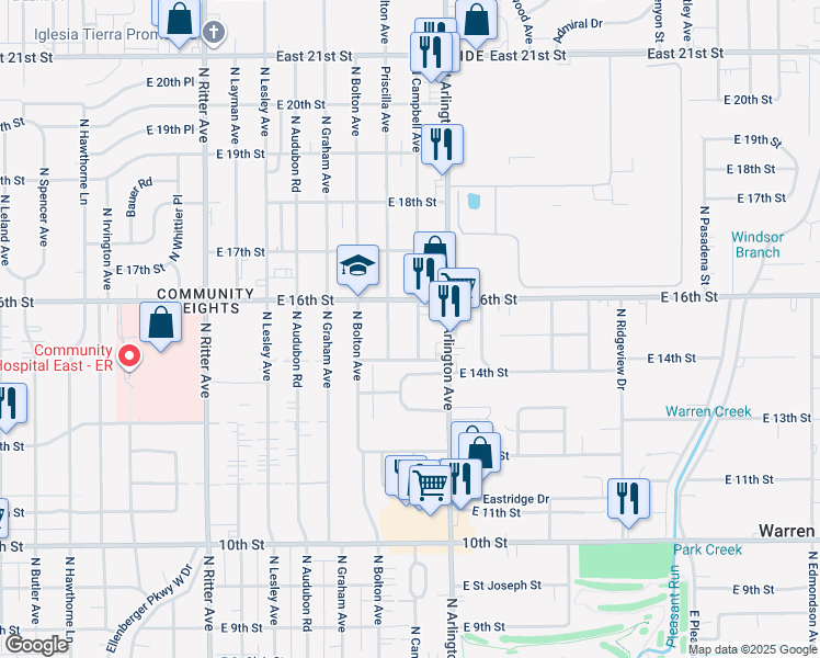 map of restaurants, bars, coffee shops, grocery stores, and more near 1408 North Campbell Avenue in Indianapolis