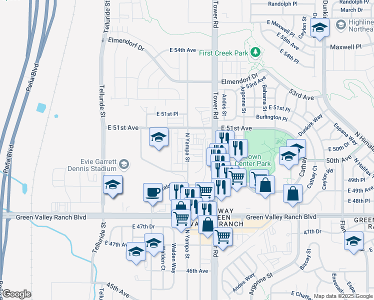 map of restaurants, bars, coffee shops, grocery stores, and more near 18298 East 51st Avenue in Denver
