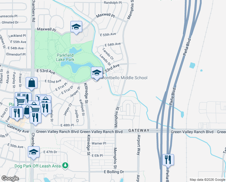 map of restaurants, bars, coffee shops, grocery stores, and more near 5255 Memphis Street in Denver